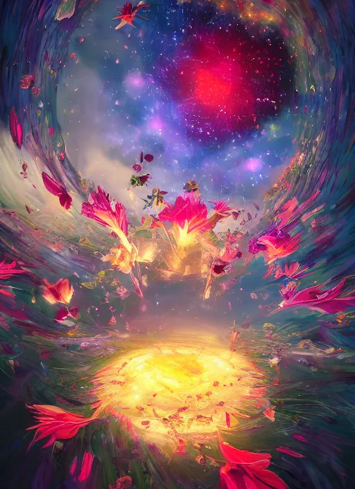 Image similar to An epic fantastic realism comic book style painting of the most beautiful spinning flowers floating into the dark and starry cosmos, exquisite bouquets, fisheye, a star implodes, unreal 5, DAZ, hyperrealistic, octane render, dynamic lighting