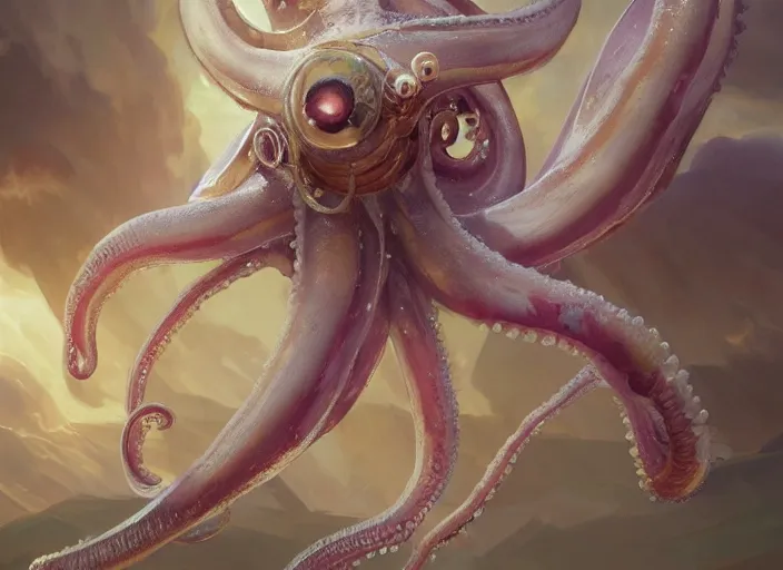 Prompt: a holy cephalopod with long powerful tentacles and a single large eye, wearing long white robe and great angelic wings, highly detailed, digital painting, artstation, concept art, matte, sharp focus, illustration, dramatic, sunset, hearthstone, art by artgerm and greg rutkowski and alphonse mucha