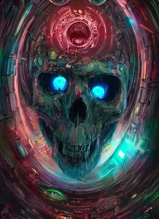 Image similar to a futuristic skull with glowing eyes and a wormhole tunnel cyberpunk art by android jones, featured on artstation, darksynth, synthwave