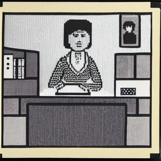 Prompt: a portrait of a secretary sitting behind a desk, 1 9 7 0 th knitted burda style,