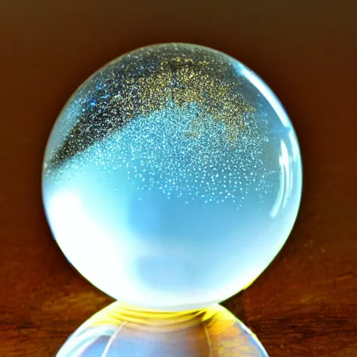 Prompt: glass orb, filled with suspended flecks of gold and aquamarine, reflecting light