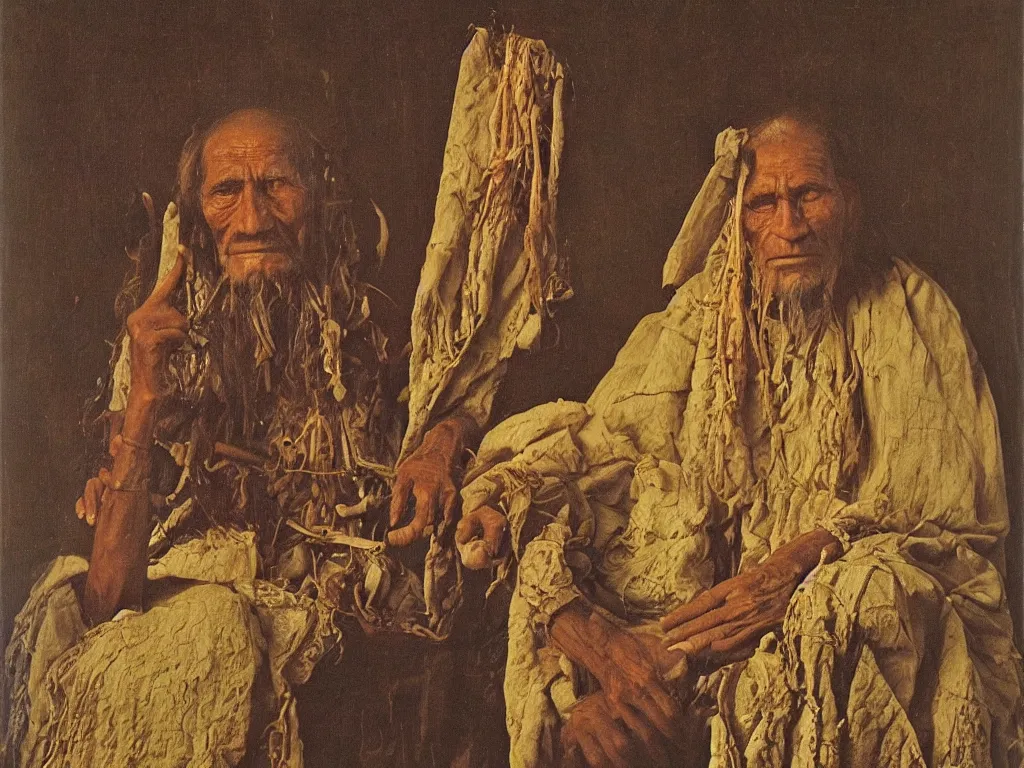 Image similar to portrait of an old Ayahuasca shaman. Painting by Jan van Eyck, August Sander.