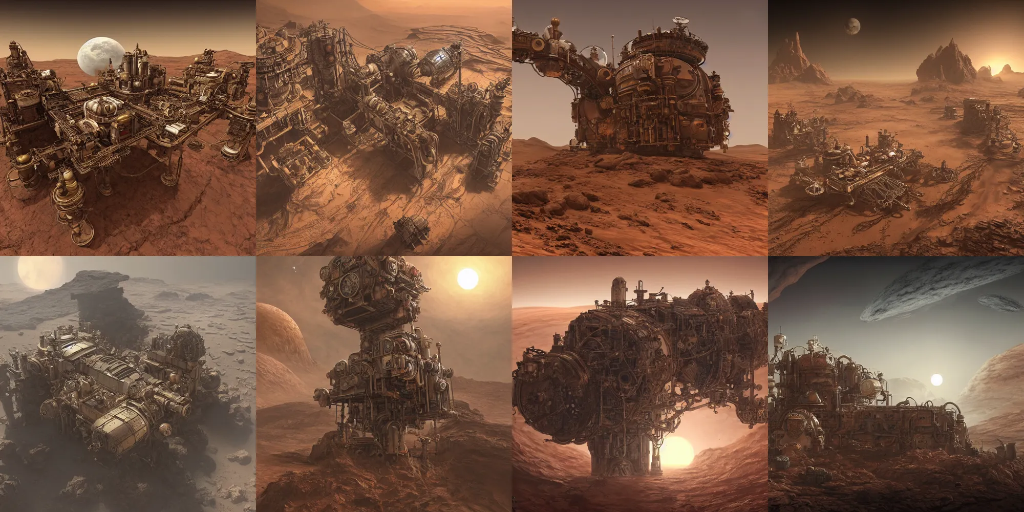 Prompt: a grotesque and ancient steampunk terraforming station on mars, like a factory billowing fluffy clean white water clouds upward into the sky, at sunset, hyper unrealistic, totally implausible, artstation