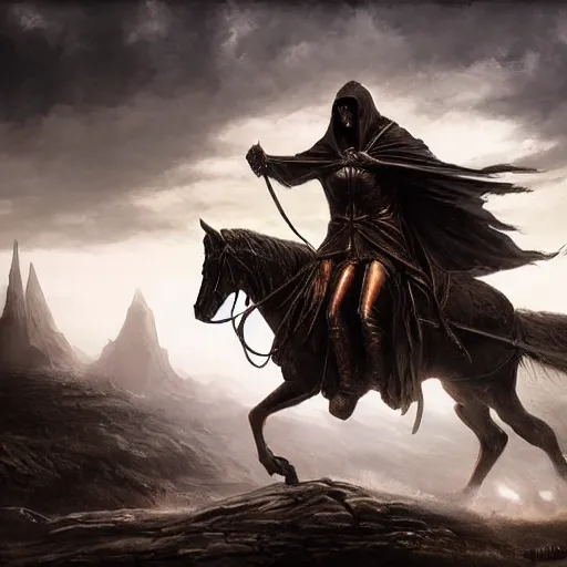 Image similar to ''cinematic shot'' a dark hooded mage on a horse riding to the battle leading his army of undead casper david friedrich raphael lacoste vladimir kush leis royo volumetric light effect broad light oil painting painting fantasy art style sci - fi art style realism artwork unreal engine