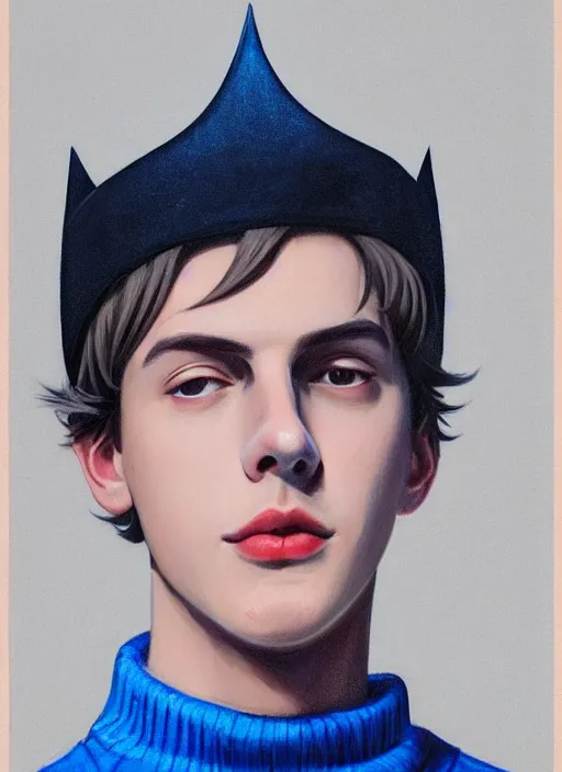 Image similar to portrait of teenage jughead jones wearing a light grey crown, crown, blue turtleneck, 1 9 5 0 s, closed eyes, photorealistic, black hair, glowing lighting, intricate, elegant, glowing lights, highly detailed, digital painting, artstation, concept art, smooth, sharp focus, illustration, art by wlop, mars ravelo and greg rutkowski