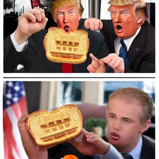 Prompt: 3 guys going crazy over a piece of toast with Donald trumps face,