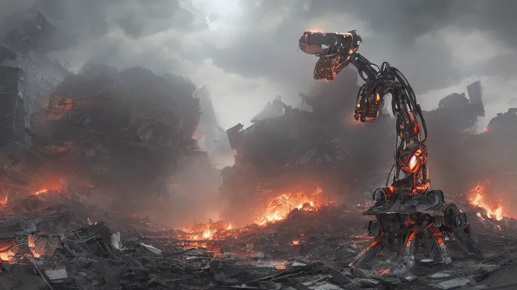 Prompt: Amazing photorealistic digital concept art of a guardian robot after the apocolypse, it's picking over the rubble, everything is ruined, there's smoke and fire, by James Clyne and Joseph Cross. Cinematic. LED lighting. Wide angle. Clean lines. Balanced composition.