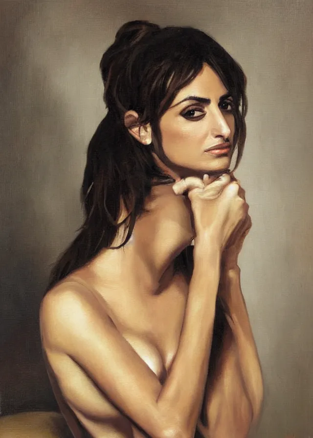 Image similar to oil painting, portrait of penelope cruz, artwork by caravaggio