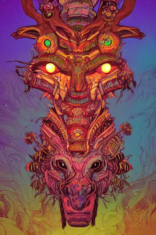 Image similar to totem animal tribal chaman vodoo mask feather gemstone plant wood rock video game illustration vivid color borderlands by josan gonzales and dan mumford radiating a glowing aura