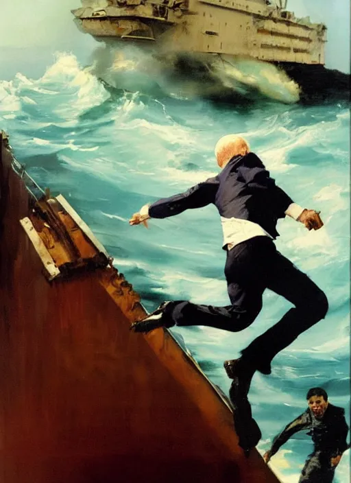 Image similar to joe biden jumping off of ship, drowning, propaganda art, water crashing, water rushing lungs, fear!!!!!! scary, painting by phil hale, fransico goya,'action lines '!!!, graphic style, visible brushstrokes, motion blur, blurry, visible paint texture, crisp hd image