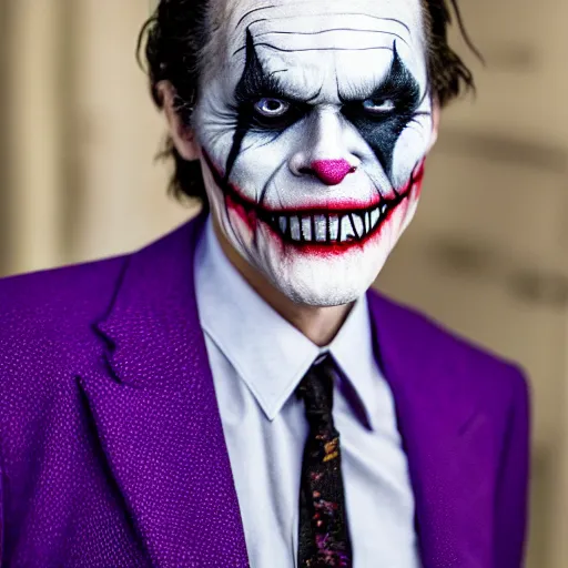 Prompt: william dafoe wearing purple suit and joker makeup cinematic photoshoot high quality highly affordable photo realistic 8 k hd