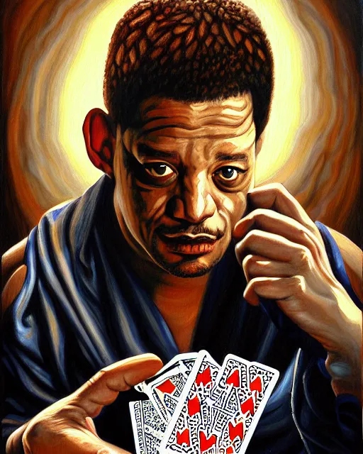 Image similar to a painting of a beautiful joey starr surrounded by playing cards, an ultrafine detailed painting, by mark brooks, centered full body, featured on deviantart, fantasy art, detailed painting, deviantart, anime