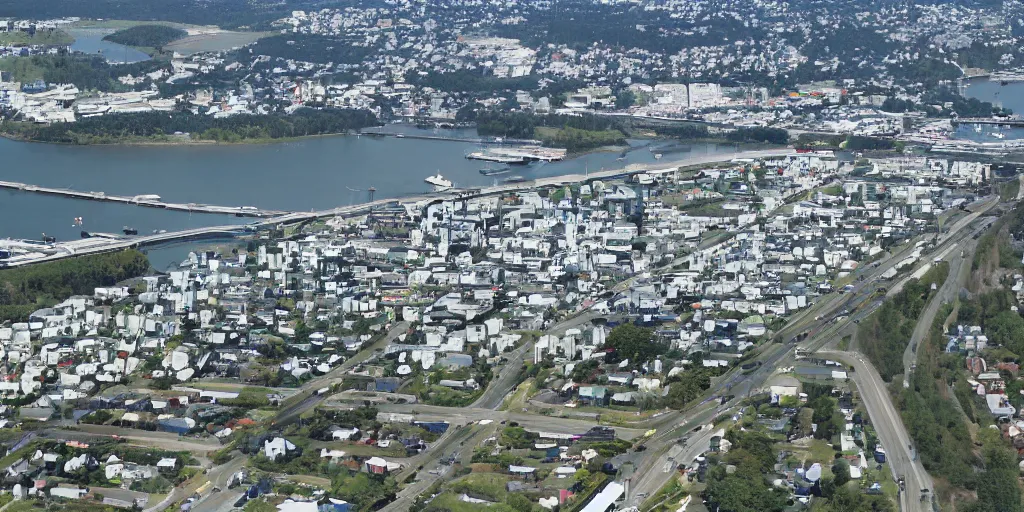 Image similar to bird's eye view photo of a low - rise city, with small woods and hills in the north with trailer park. in the south are buildings, a highway, inlet shipping dock area, and monorail station.