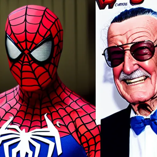 Image similar to stan lee in a spiderman - suit, realistic photo