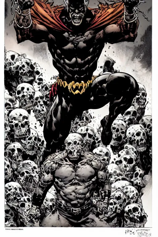 Prompt: A full body portrait of a new antihero character standing on skulls art by Marc Silvestri and Jim Lee, trending on artstation, ominous, mysterious