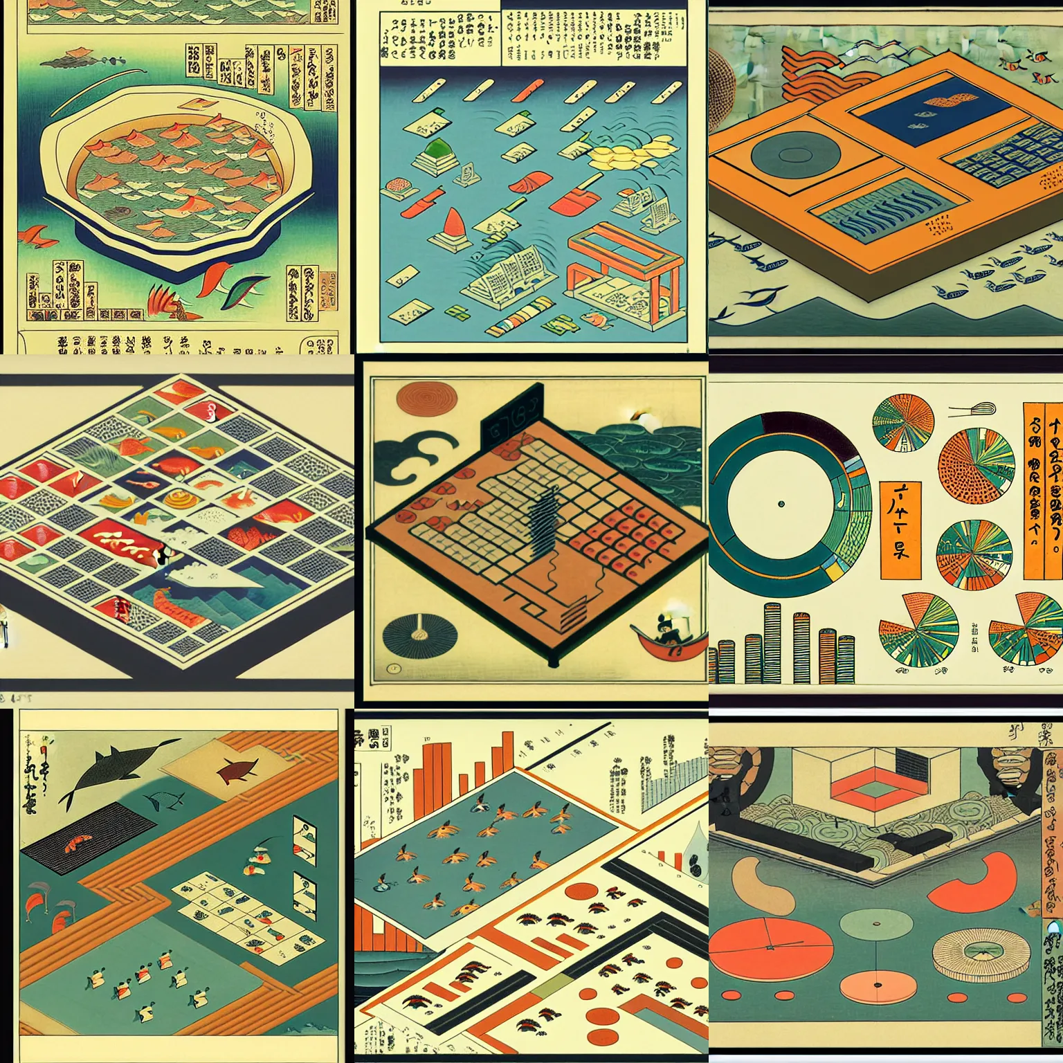 Prompt: isometric business dashboard with time series charts, pie plots and other modern graphics, with small creatures swimming on it. diego rivera ( ukiyo - e influence )