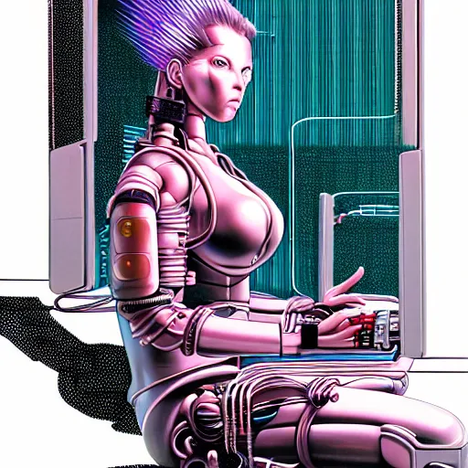 Image similar to a detailed airbrush cyberpunk illustration of a female android seated on the floor in a tech labor, seen from the side with her body open showing cables and wires coming out, by masamune shirow, hajime sorayama, boris vallejo and katsuhiro otomo, japan, 1980s, dark, colorful