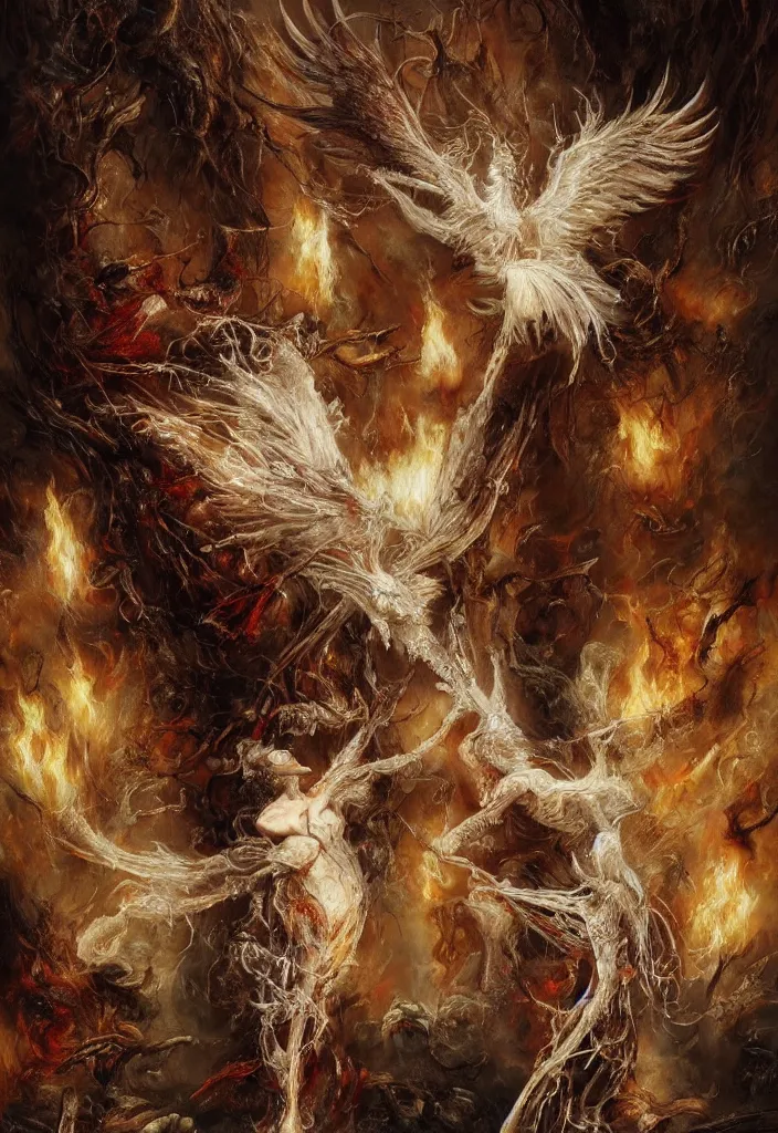 Prompt: breathtaking soft painting of many birds with silk veil outside of a cathedral in flames, by guillermo lorca, white milk splash in bleeding meat and flesh, dynamic movement, intricate gothic bones and meat, rembrandt style, elegant, highly detailed, artstation, concept art, fantasy art, sharp focus, art by luis royo