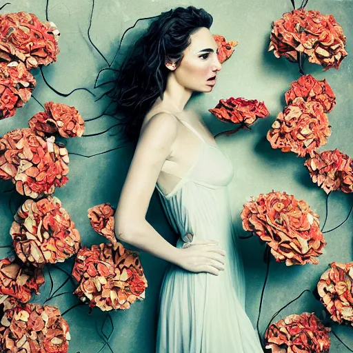 Image similar to full body fine art photo of the beauty gal gadot, she is merging from dried roses, taken by oleg oprisco