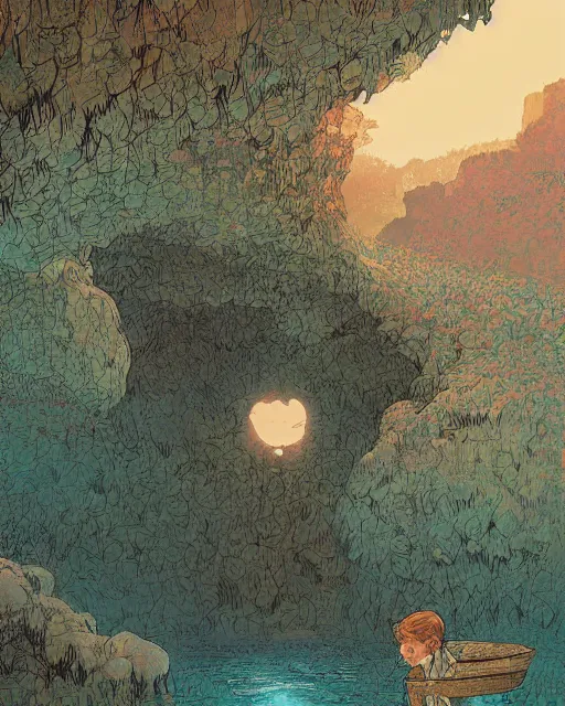 Prompt: a boy sneaking behind a giant sleeping giant, in a cave by the water, digital art, illustrated by james gurney and victo ngai