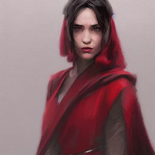 Image similar to portrait of a woman by greg rutkowski, jedi princess, straight black hair, jedi robes, star wars expanded universe, she is about 2 0 years old, elegant, graceful, wearing red jedi robes, highly detailed portrait, digital painting, artstation, concept art, smooth, sharp foccus ilustration, artstation hq