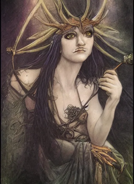 Image similar to portrait of lithe female sorceress of the fey, beautiful! coherent! dungeons and dragons character, by brian froud, strong line, night color, high contrast