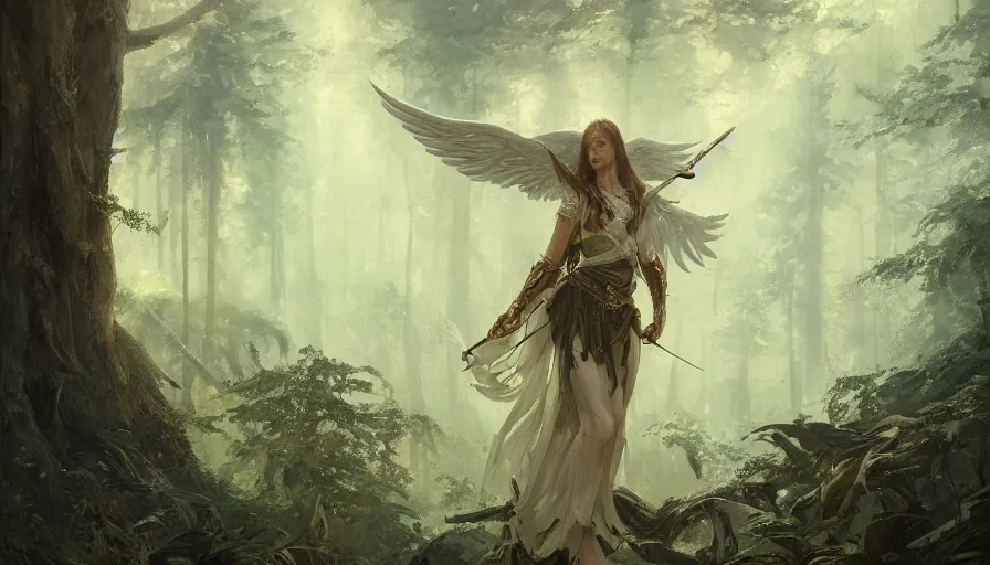 Image similar to A beautiful detailed painting of a female angel warrior reigns on a magical forest by greg rutkowski and Kalin Popov , Trending on artstation HD.