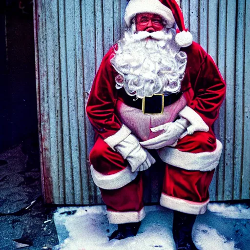 Image similar to glamour shot of a creepy Santa in the alleyway behind a dumpster from David Lynch's Christmas movie. The Santa has weird off-putting eyes. Soft lighting, film grain, VHS copy