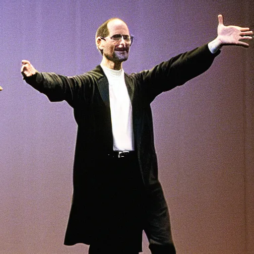 Prompt: steve jobs doing a cartwheel at a keynote