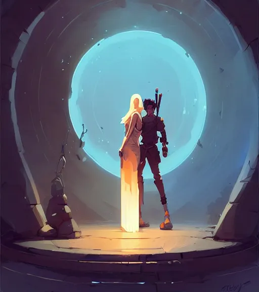 Prompt: female mage and male warrior standing near a portal by atey ghailan, by greg rutkowski, by greg tocchini, by james gilleard, by joe fenton, by kaethe butcher, dynamic lighting, gradient light blue, brown, blonde cream and white color scheme, grunge aesthetic