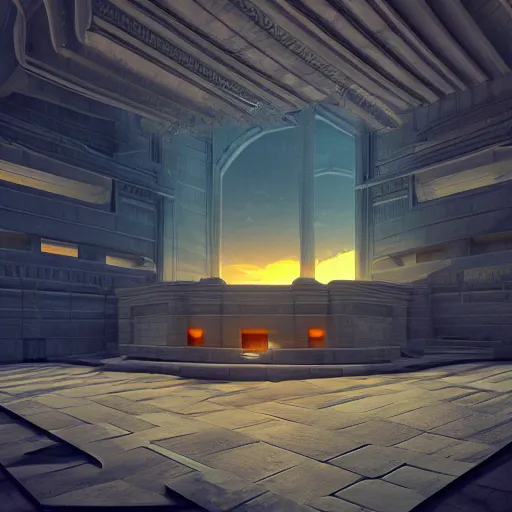 Prompt: futuristic masonry hall, crisp, artstation, luxury, beautiful, dim painterly volumetric aquatic sunset lighting, 3 d concept art