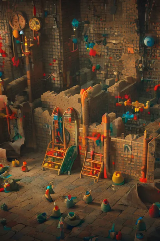 Prompt: render of fisher price torture dungeon with plastic torture devises, long shot, cinematography by wes anderson, 4 k octane render, intricate detail, photorealistic, cinematic lighting, artstation