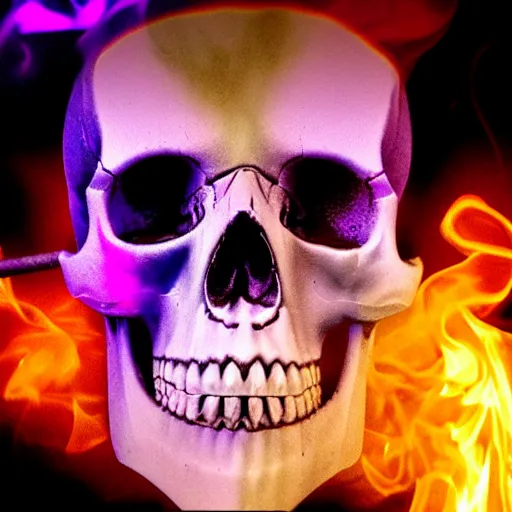 Image similar to a skull with glowing purple eyes smoking a purple cigar, digital art, realistic, vivid