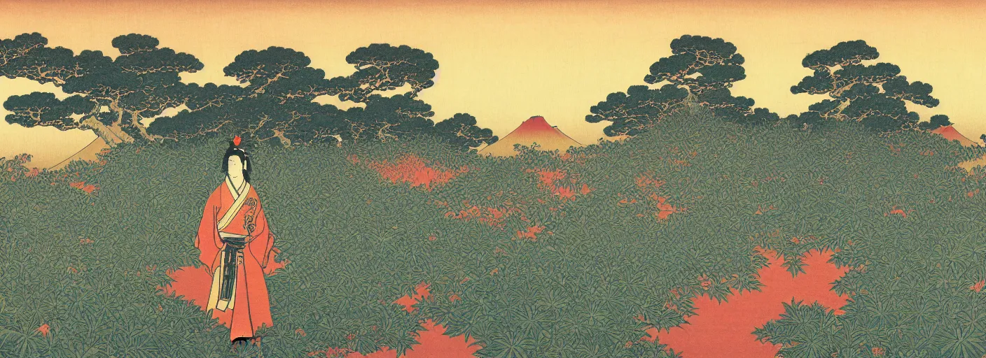 Image similar to one samurai standing in a huge field of cannabis plants, katsushika hokusai, high details, colorful, atmospheric light, sunrise