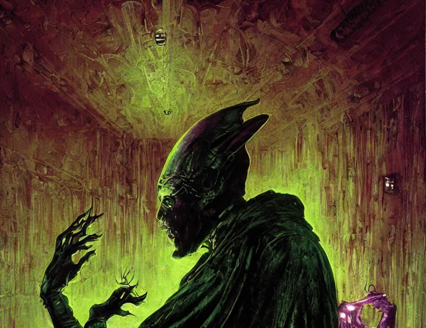 Image similar to a close - up view portrait of a silhouetted supernatural wizard in brutalist halls with metallic alien technology. close - up view, detailed textures. glowing green purple fog, dark black background. highly detailed fantasy science fiction painting by moebius, norman rockwell, frank frazetta, and syd mead. rich colors, high contrast