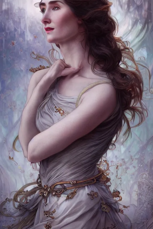 Image similar to carice van houten, cute, fantasy, intricate, elegant, highly detailed, digital painting, 4 k, hdr, concept art, smooth, sharp focus, illustration, art by artgerm and h r giger and alphonse mucha