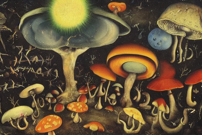 Image similar to how magic mushrooms can take us to the farthest reaches of inner space, painting by bosch