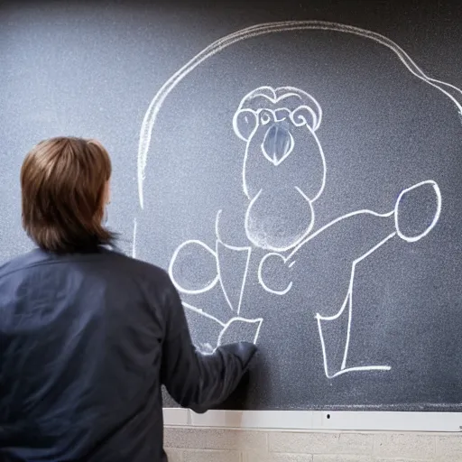 Prompt: chimpanzee scientist lecturer teaching evolution standing in front of a blackboard in a university