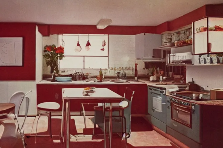 Prompt: a dimly lit retro 1970s kitchen with vintage decor