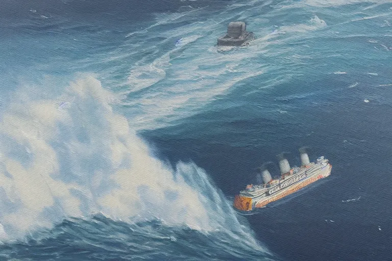 Prompt: ocean liner sinking with water crashing over the ship, bird's eye view, realist painting, 4k high res