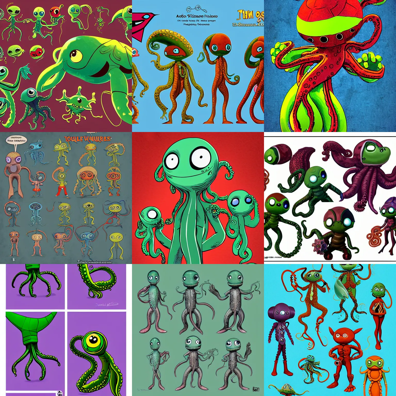 Prompt: vintage friend shaped little alien race with webbed tentacle arms as playable characters design sheets for the newest psychonauts video game made by double fine done by tim shafer that focuses on an ocean setting with help from the artists of odd world inhabitants inc and Lauren faust from her work on dc superhero girls and lead artist Andy Suriano from rise of the teenage mutant ninja turtles on nickelodeon using artistic cues for the game fret nice