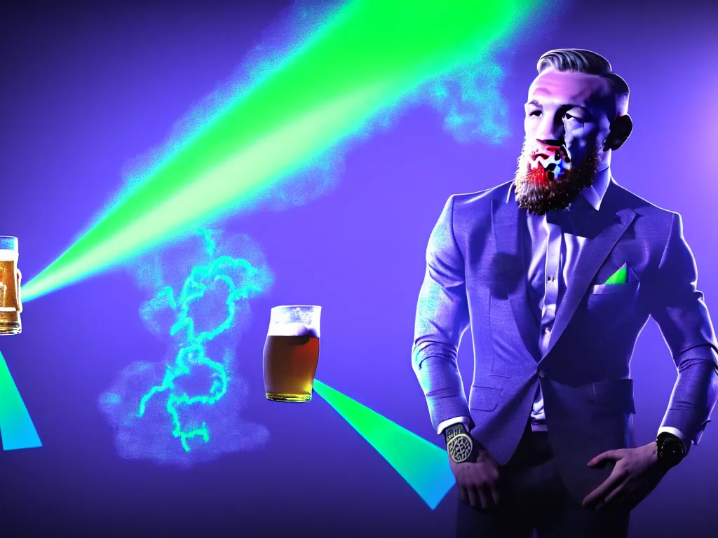 Image similar to conor mcgregor drinking a beer in an irish pub, laser show with blue cloud patterns, well framed, neon standup bar, trending on art station, in the style of the movie heat with al pacino, volumetric lighting & shadows, digital art, unreal engine, 4 0 0 mm f 1. 2,