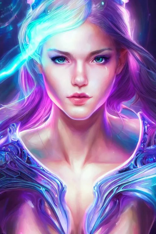 Image similar to a photographic portrait of an attractive young girl, partially clothed in ethereal armor, surrounded by colorful transparent plasma, emitting psychic powers, beautiful bone structure, perfectly proportioned face, perfect eyes, intricate, elegant, highly detailed, hyper detailed, trending on tumblr, by artgerm, by loish, fantasy scene, fantasy aesthetic, trending on Artstation