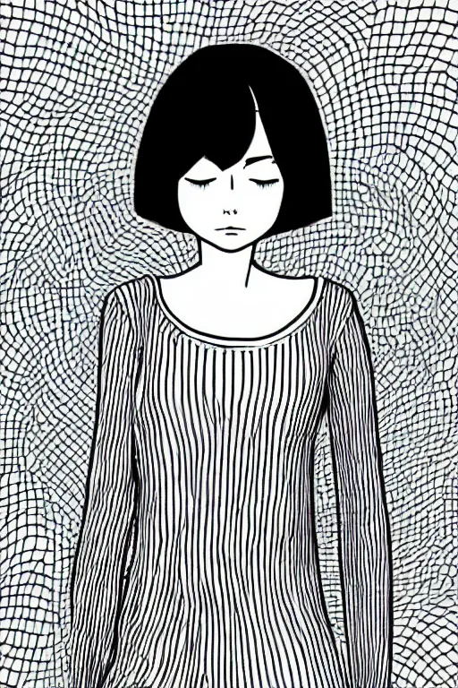 Prompt: portrait of a girl in long pants and a top, hands in pockets, eyes closed, bob haircut, digital art, black and white, lineart by junji ito