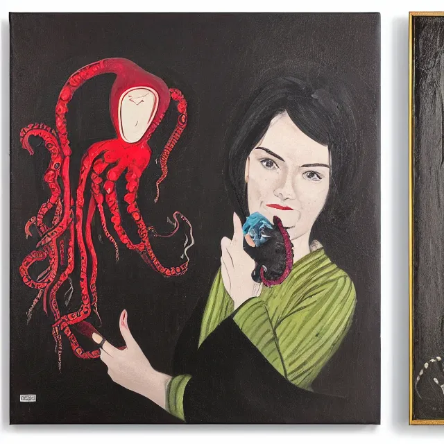 Image similar to a portrait in a dark apartment, a widow holding an octopus, streetlamps, wet, puddles, wild berries, rats, ikebana, neo - expressionism, surrealism, acrylic and spray paint and oilstick on canvas