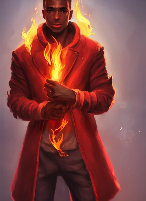 Prompt: a highly detailed illustration of attractive young african guy with flat top hair wearing red jacket, dramatic standing holding fire in hand pose, intricate, elegant, highly detailed, centered, digital painting, artstation, concept art, smooth, sharp focus, league of legends concept art, wlop