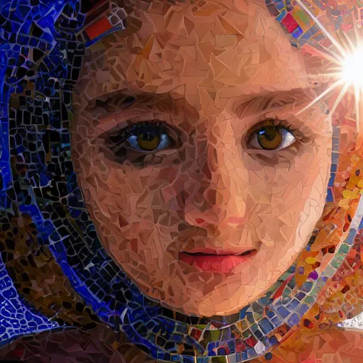 Image similar to mosaic portrait of a beautiful cute young girl with robot ears, 4k, intricate details, digital, sun in the background