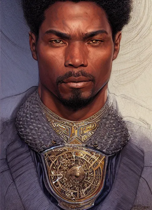 Image similar to a ruggedly handsome african american hero, intricate, elegant, highly detailed, centered, digital painting, artstation, concept art, smooth, sharp focus, illustration, art by artgerm and donato giancola and Joseph Christian Leyendecker