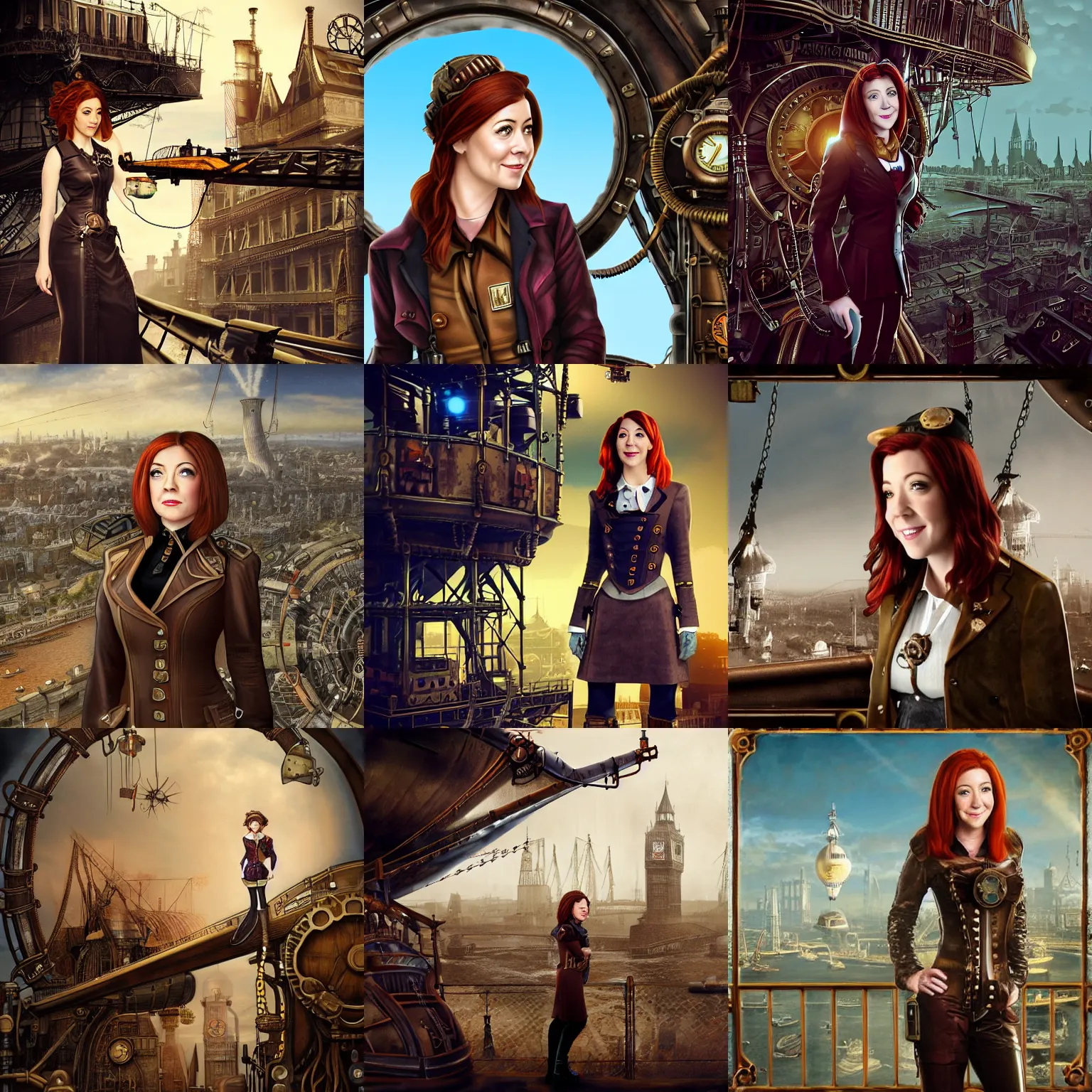 Prompt: Willow Rosenberg/Alyson Hannigan as a steampunk airship pilot standing on the bridge of her airship, looking out over Victorian London, digital steampunk art, trending on ArtStation