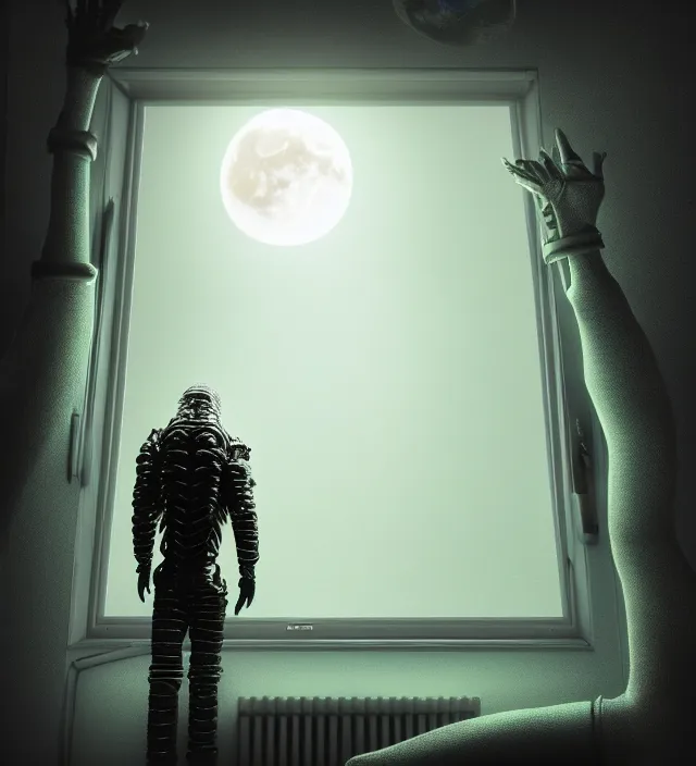 Image similar to a nightmare humanoid monster alien standing in front of a window, intricate spacesuit, moon light through the window, volumetric lighting, hyperealistic, 4 k, inspired by stephen king, inspired by lovecraft, inspired by jeffrey smith